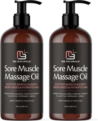 Sore Muscle Massage Oil with Collagen, Stem Cells and Menthol | Full Body Massage Oil | 8 fl oz, Pack of 2
