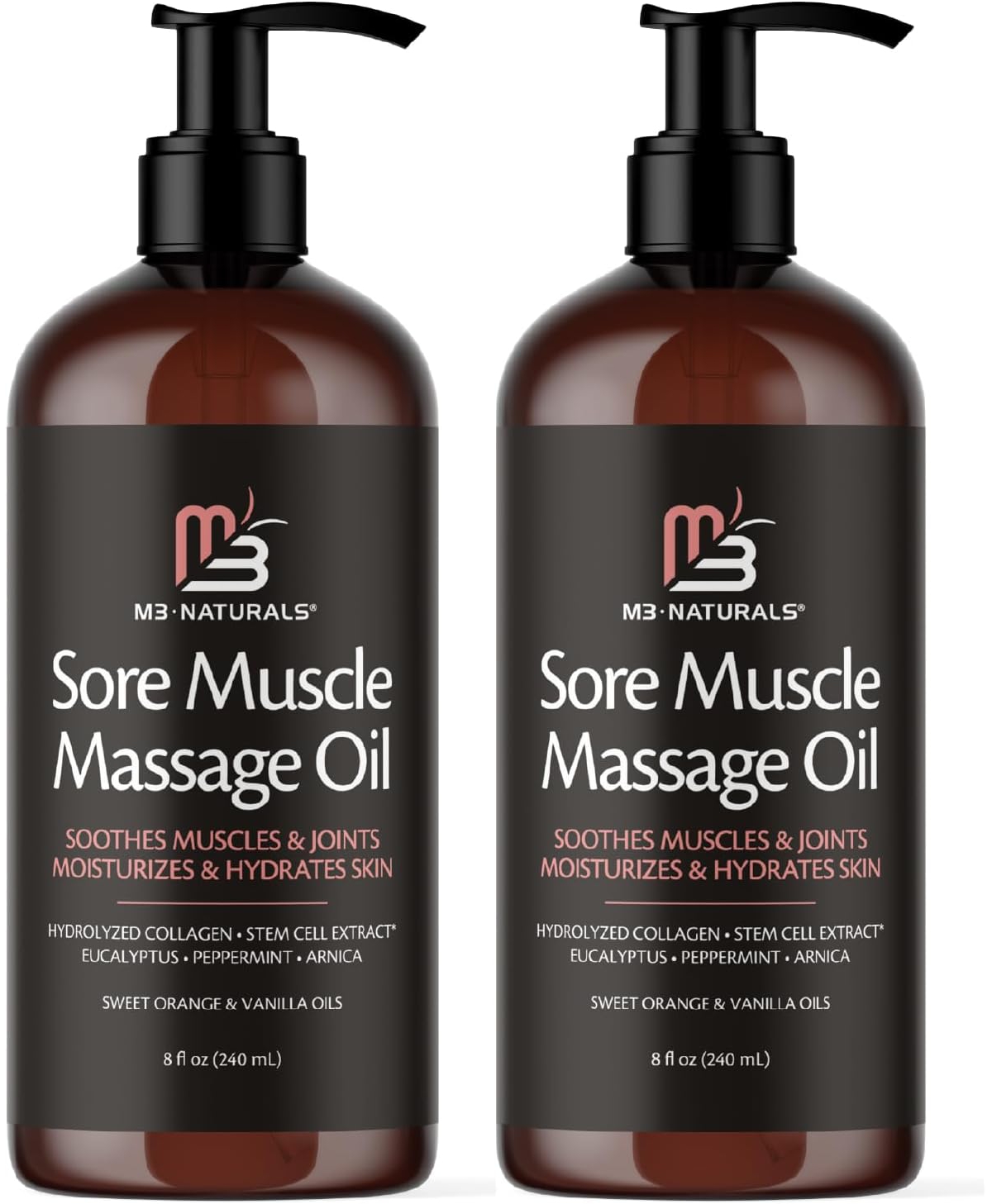 M3 Sore Muscle Massage Oil with Collagen, Stem Cells and Menthol | Full Body Massage Oil | 8 fl oz, Pack of 2