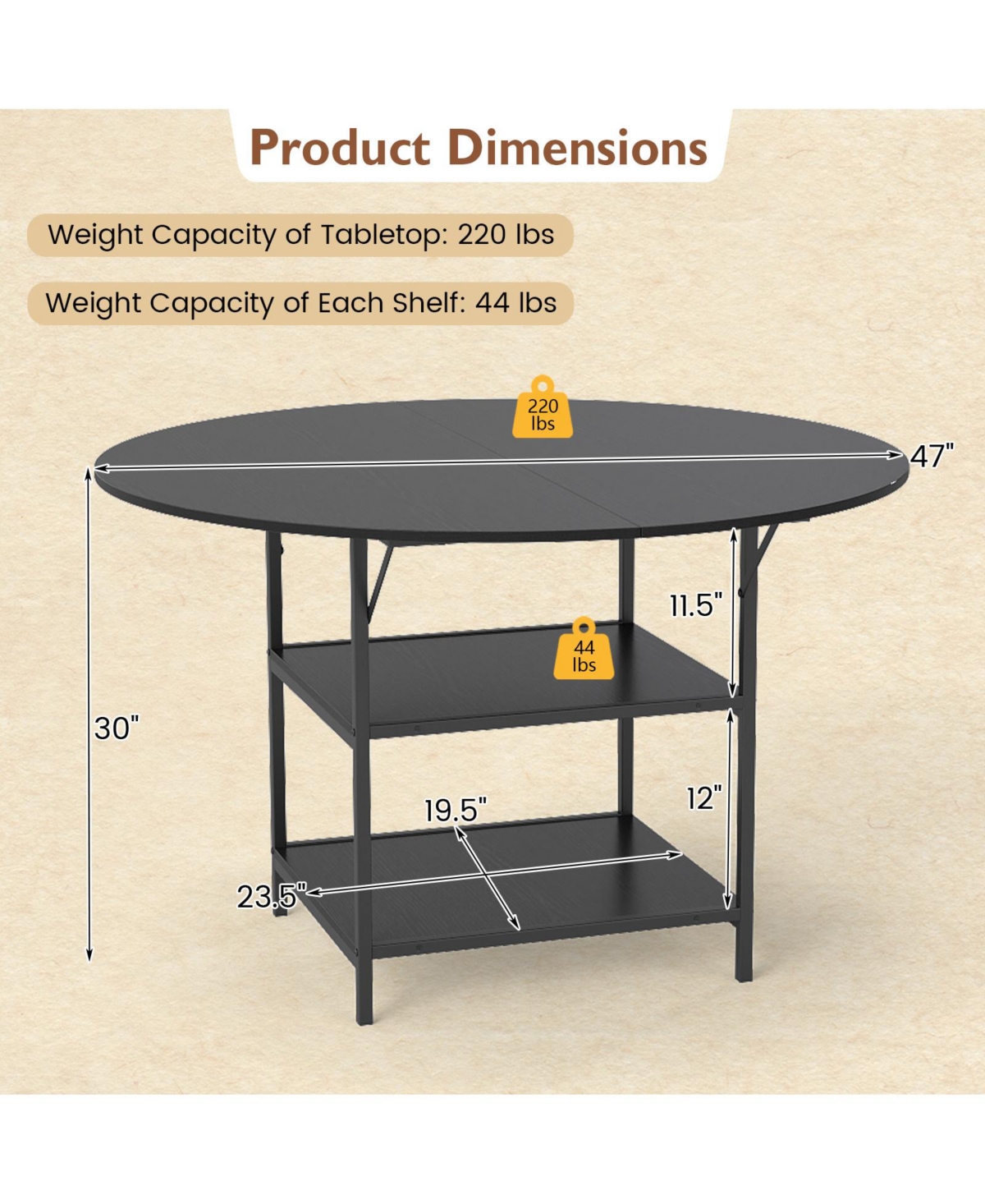 Mecale 47-Inch Round Dining Table for 4-6 with 2-Tier Storage Shelves