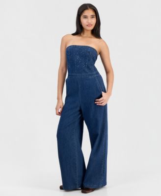 Juniors' Denim Wide-Leg Strapless Jumpsuit