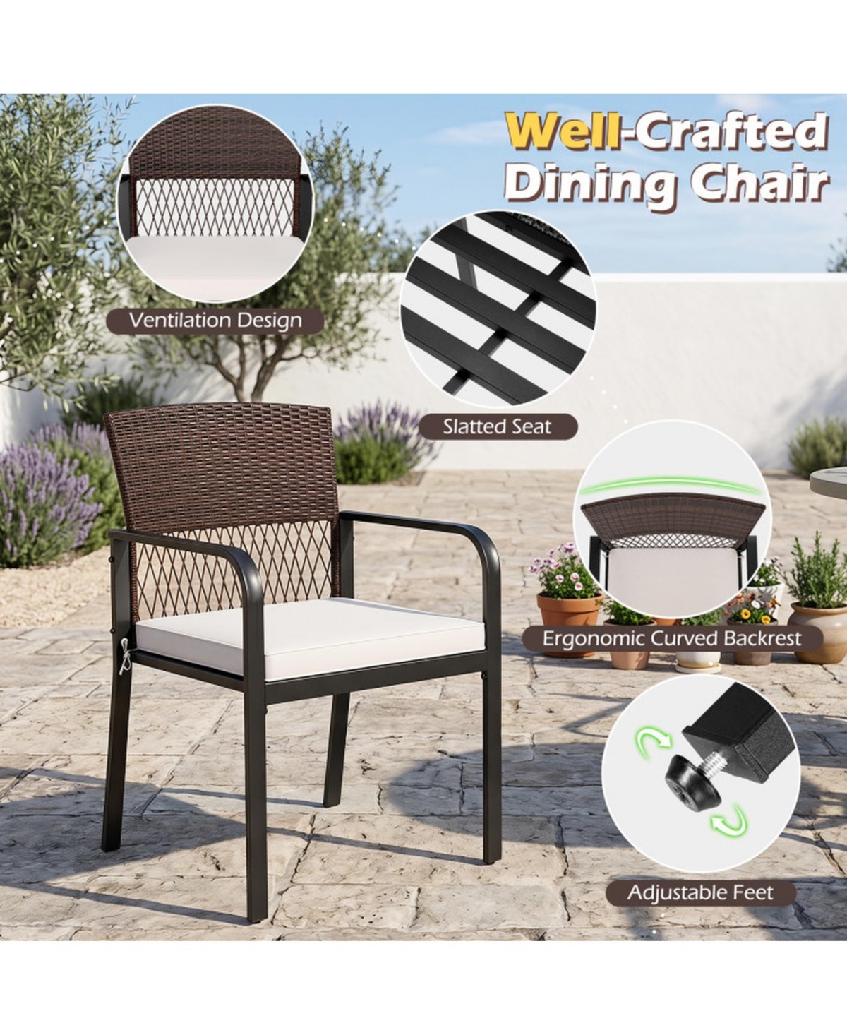 Sugift Outdoor Dining Chairs Set of 4 with Padded Cushions Wicker Backs and Adjustable Feet