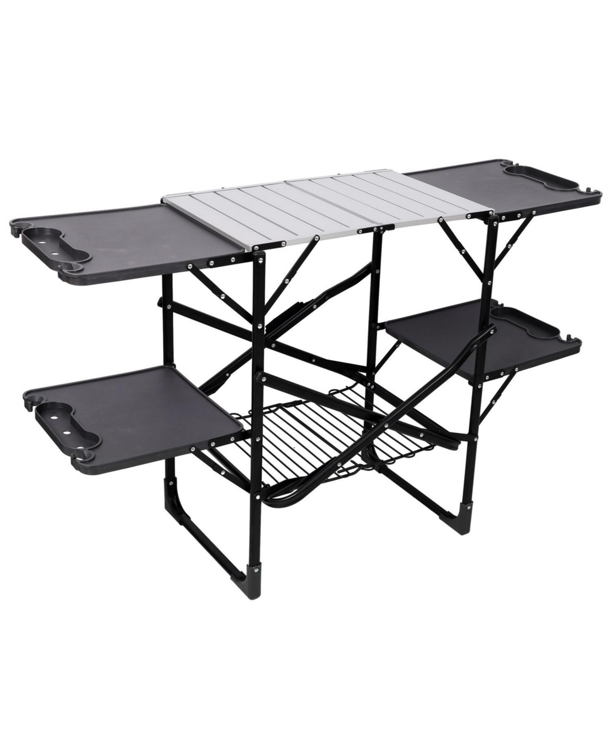 Mountaintop Folding Camping Kitchen Table, Portable Cooking Station with Heat Resistant Top, 4 Side Tables and Lower Storage Rack