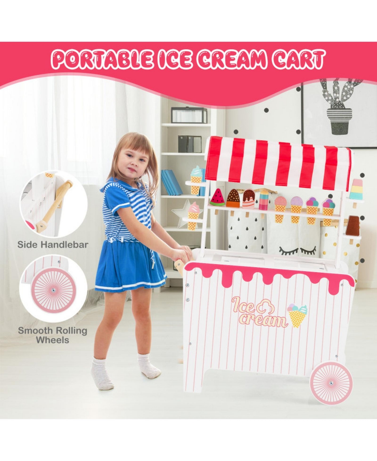 Sugift Ice Cream Cart 12-Piece Rolling Canopy Playset, Ages 3+