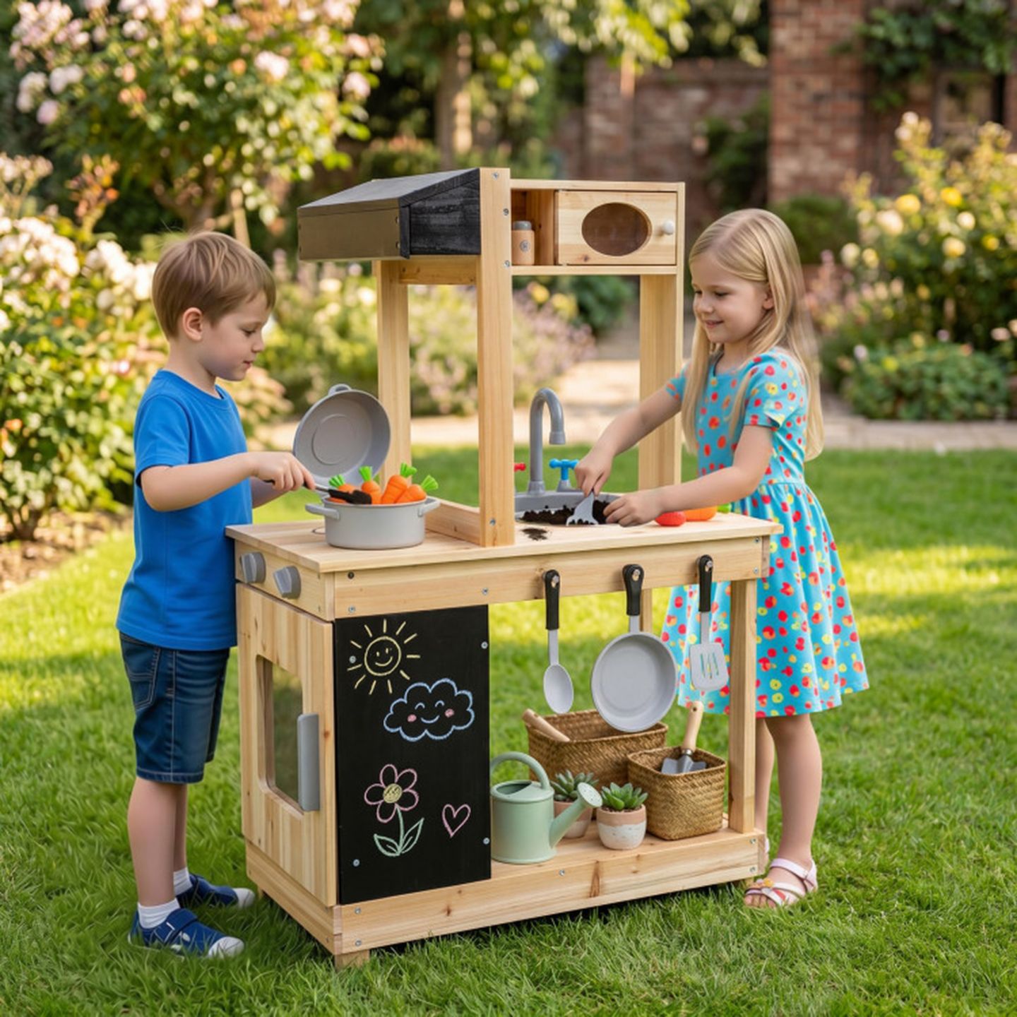 Детская игрушка SUGIFT Outdoor Mud Kitchen with Rotatable Stove Knobs, Ages 3+, цвет: Натуральный — фото 9