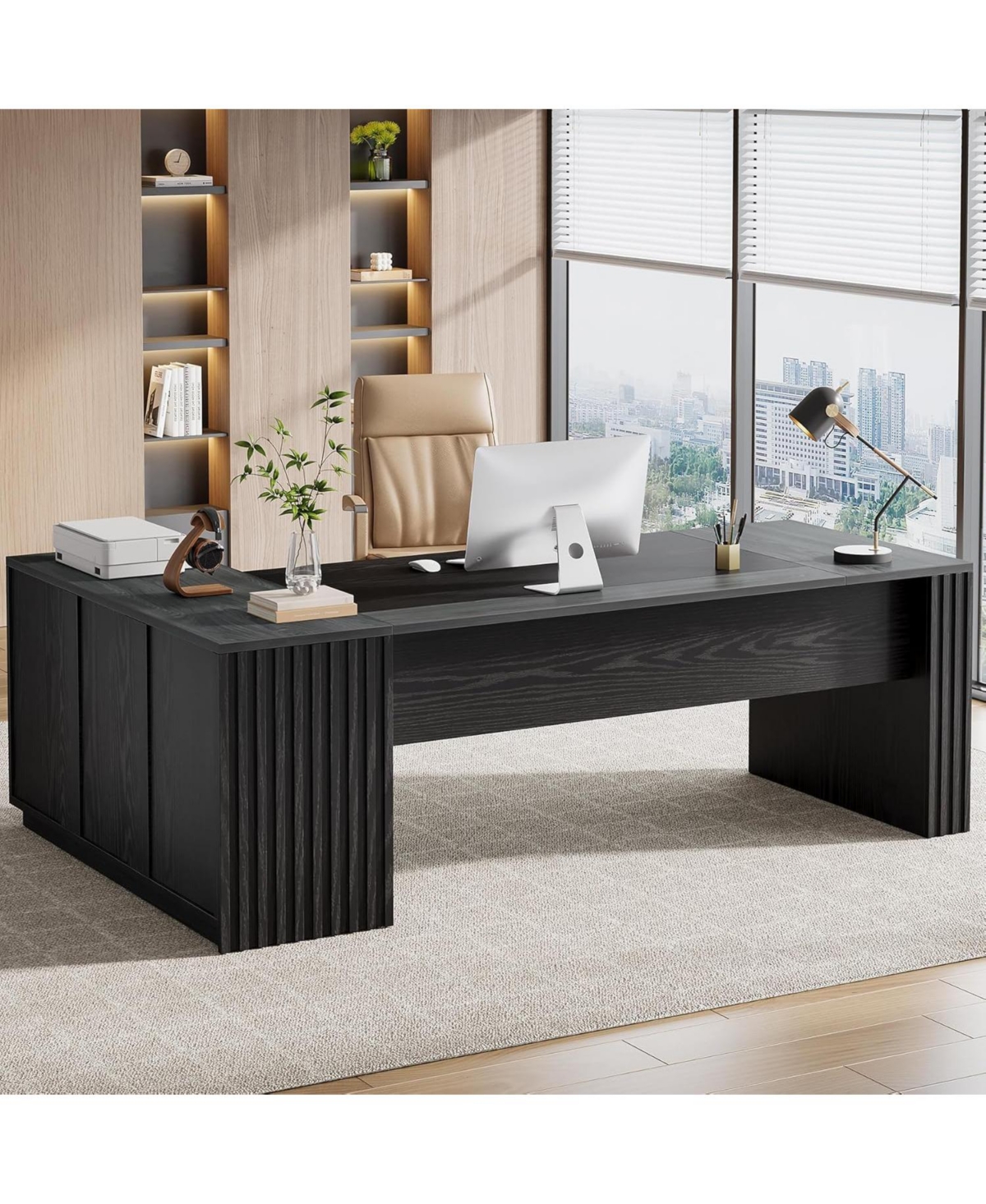 Tribesigns 78" L Shaped Executive Desk: Large office computer desk with cabinet and shelves. Modern workstation for home office.