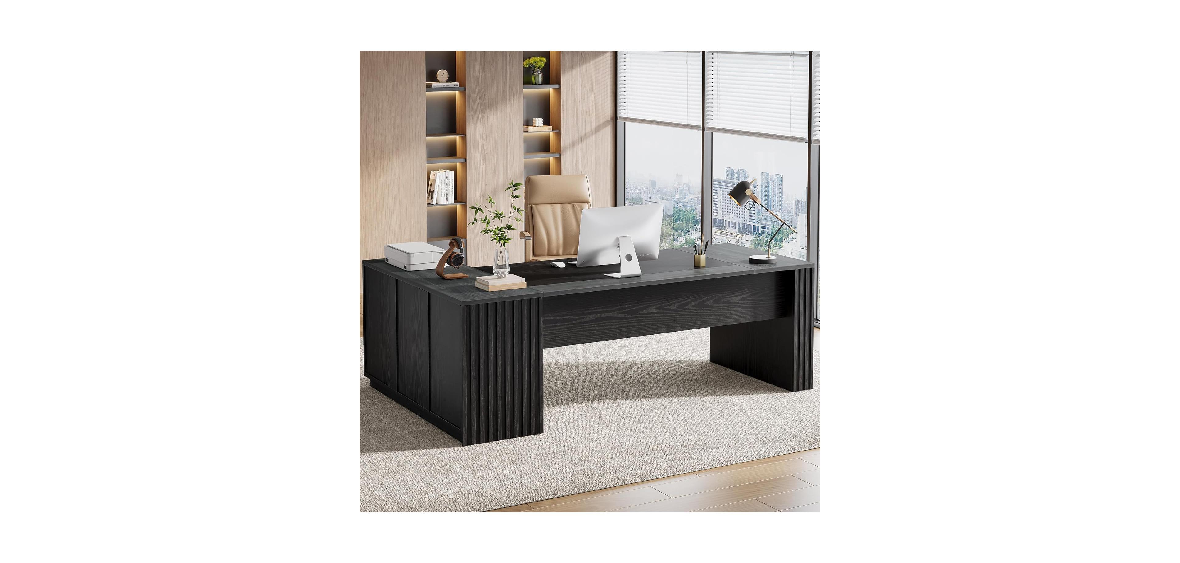 Tribesigns 78" L Shaped Executive Desk: Large office computer desk with cabinet and shelves. Modern workstation for home office