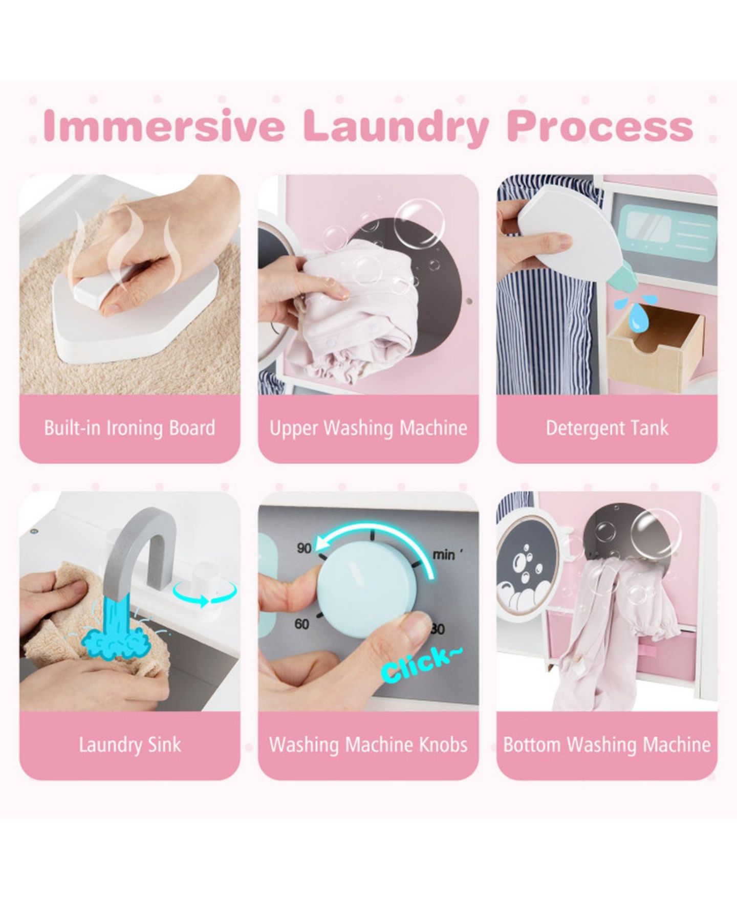 Детский игровой набор SUGIFT Kids Laundry Dual Washers Ironing Board Playset, Ages 3+, цвет: Розовый — фото 7