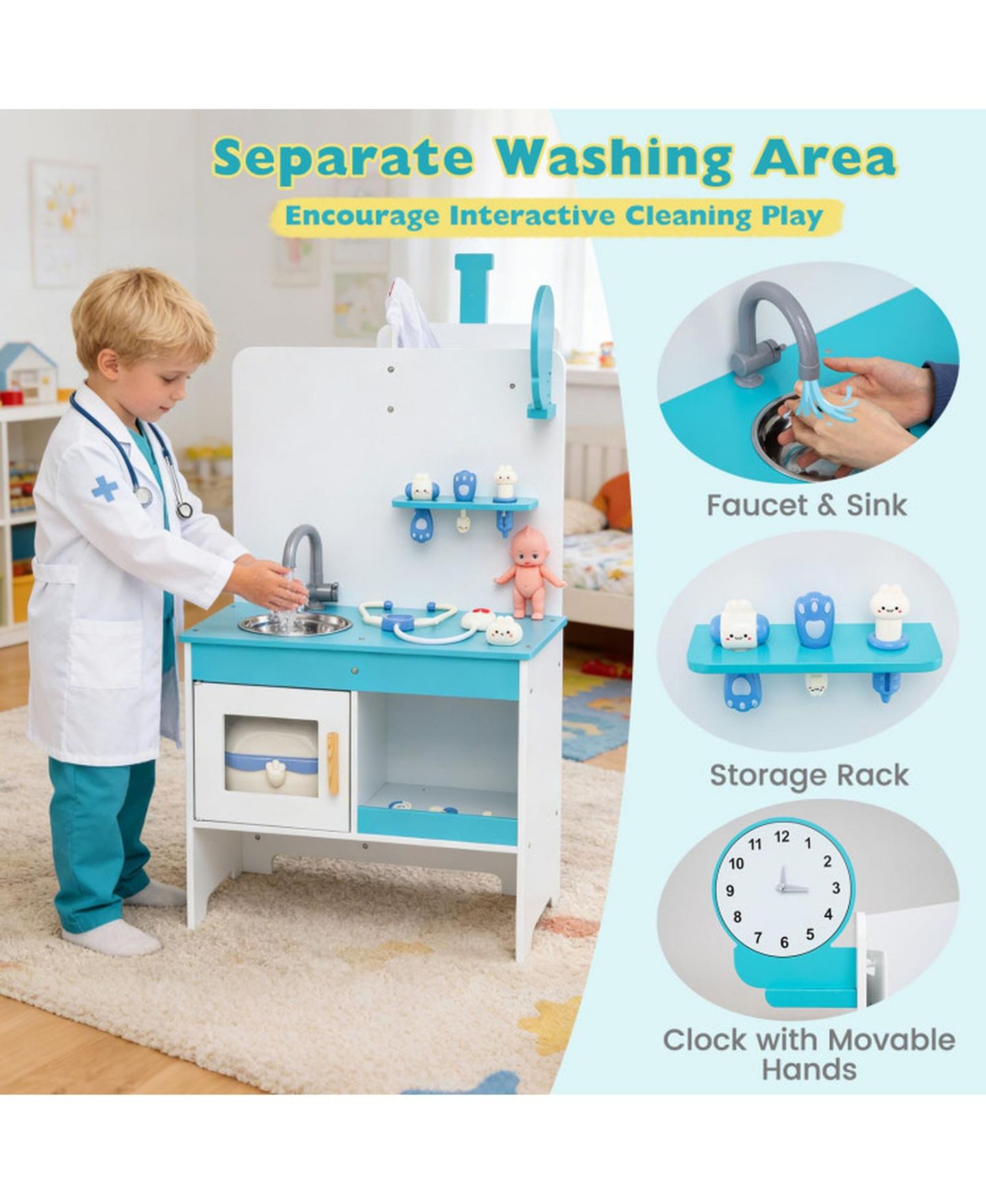 Детские фигурки SUGIFT Kids Doctor Playset 27-Piece Medical Station with Height Bar and ECG Monitor Ages 3-6, цвет: Синий — фото 4