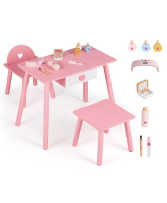 2-in-1 Wooden Vanity Table with Chair and Stool Set, Ages 3+