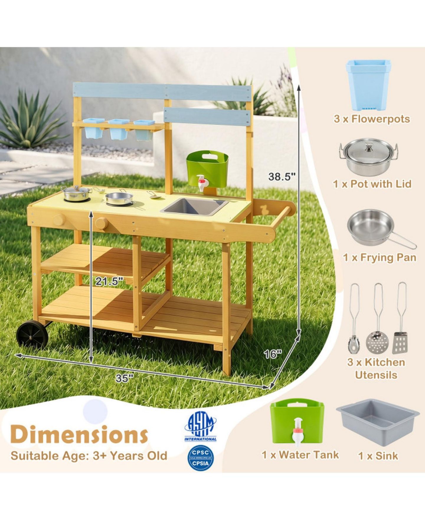 Детская игрушка SUGIFT Mobile Wooden Mud Kitchen with 3 Flowerpots and Cooking Accessories, Ages 3+, цвет: Жёлтый — фото 3