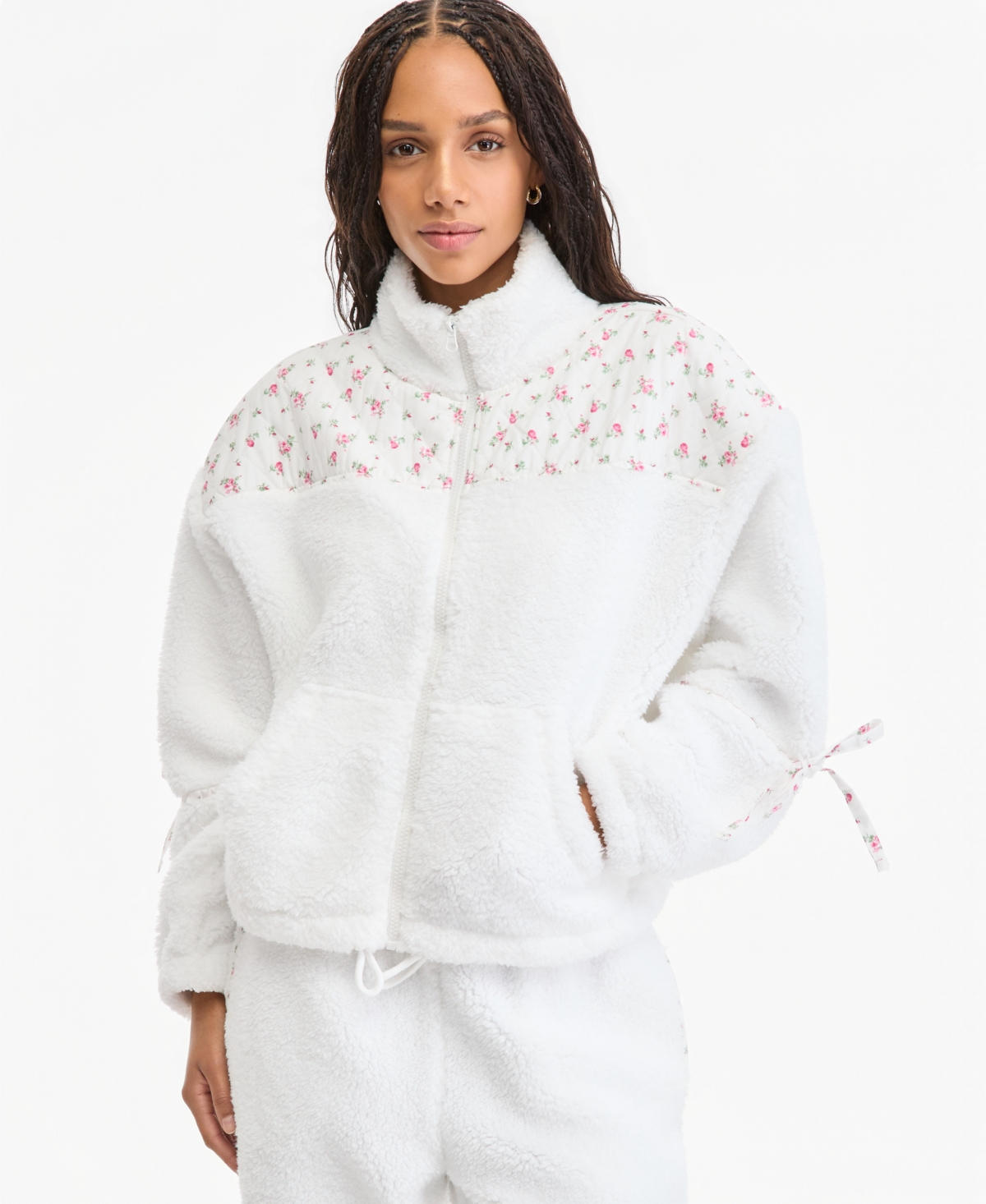 Madden Girl Women's Floral-Panel Zip-Front Sherpa Jacket