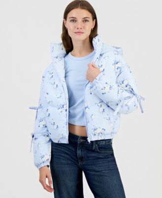 Women's Floral-Print Hooded Short Puffer Jacket