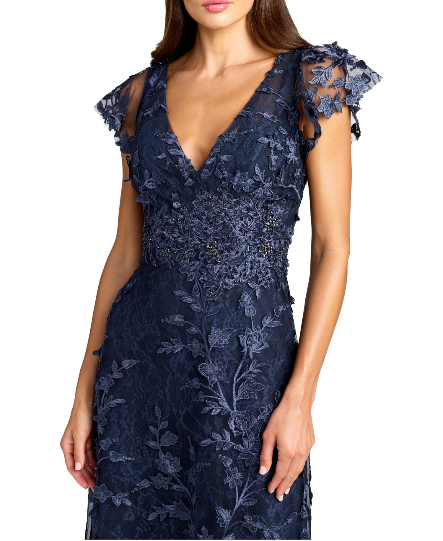 Petite Embroidered Applique V-Neck Flutter-Sleeve Gown