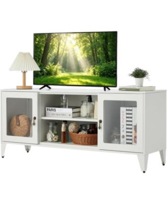 47.3" Modern White Metal Media Console with Glass Doors and Adjustable Shelves
