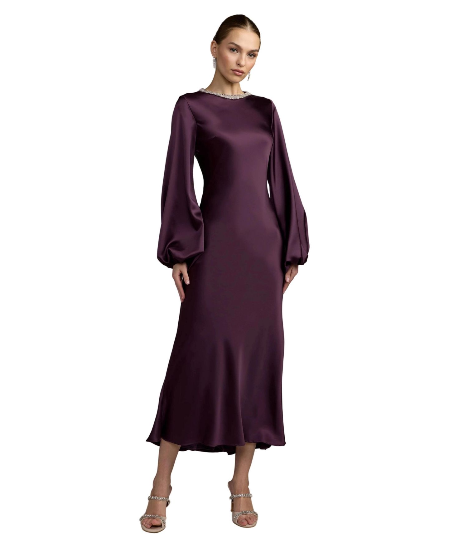 Женское платье Mac Duggal Crystal-Embellished High-Neck Satin Maxi, цвет: Баклажановый — фото 1
