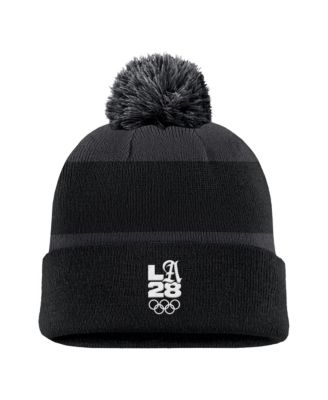 Men's Black LA28 Summer Olympics Script Peak Stripe Cuffed Knit Hat with Pom
