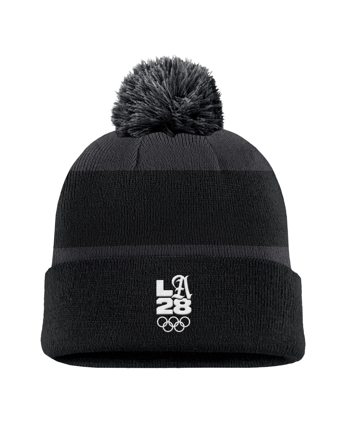 Nike Men's Black LA28 Summer Olympics Script Peak Stripe Cuffed Knit Hat with Pom