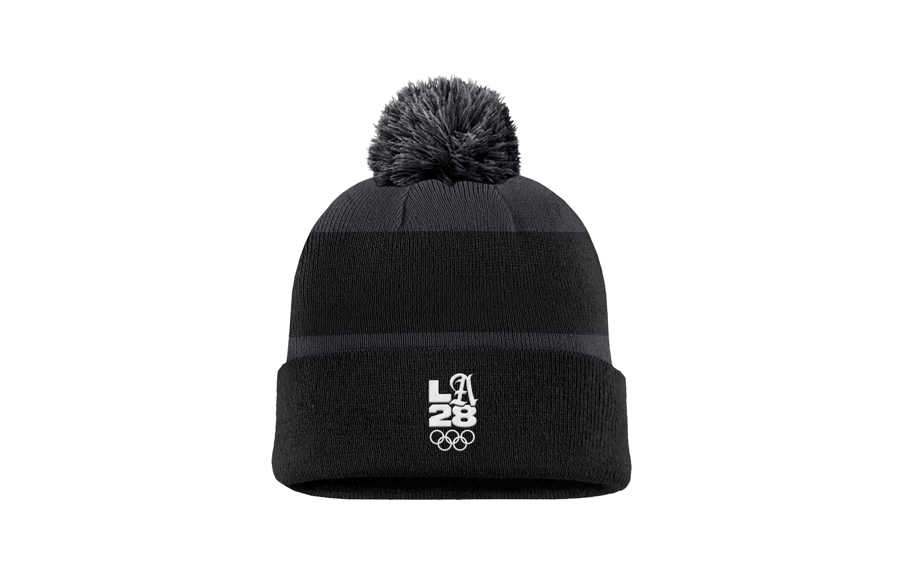 Nike Men's Black LA28 Summer Olympics Script Peak Stripe Cuffed Knit Hat with Pom