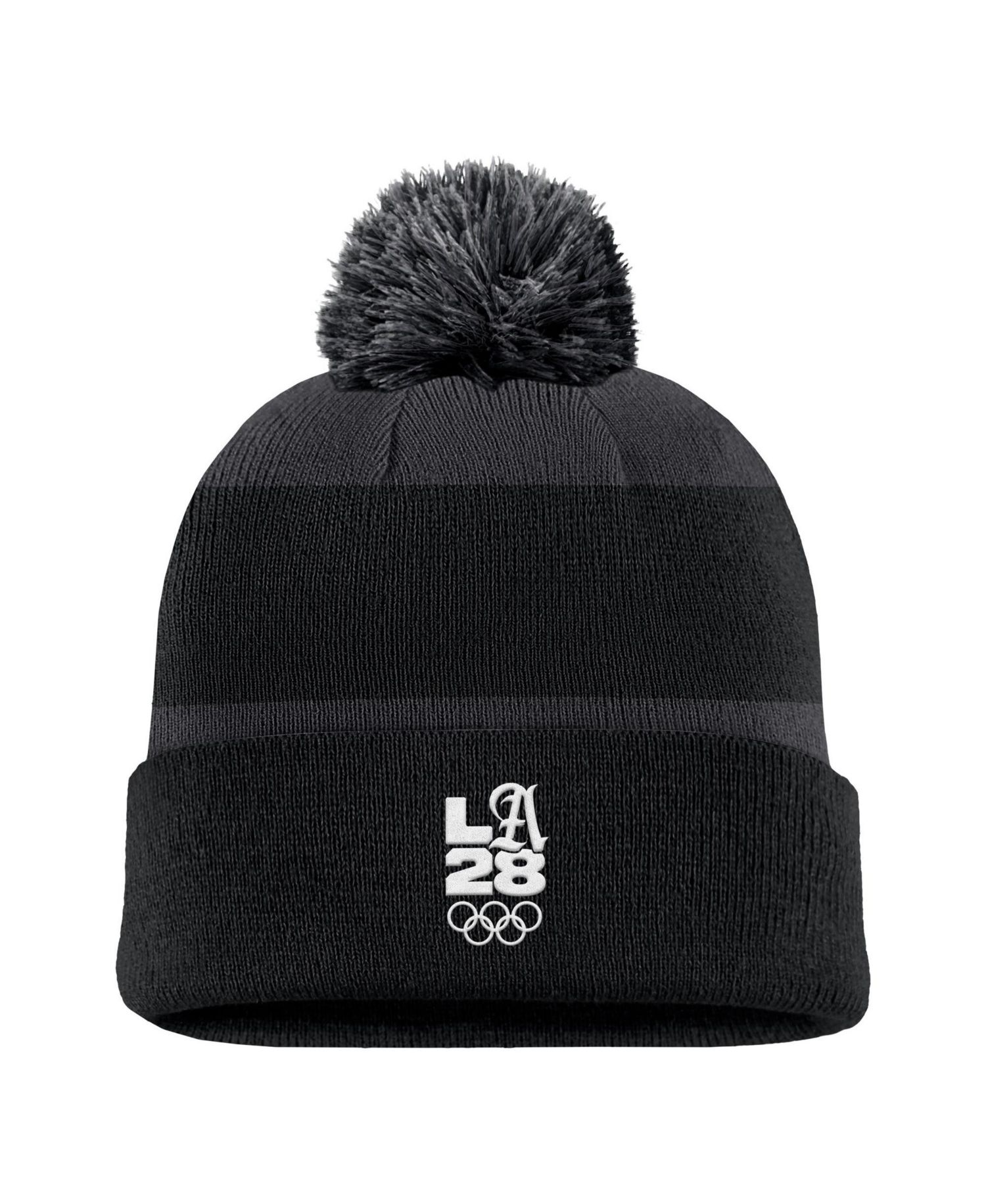 Men's Black LA28 Summer Olympics Script Peak Stripe Cuffed Knit Hat with Pom