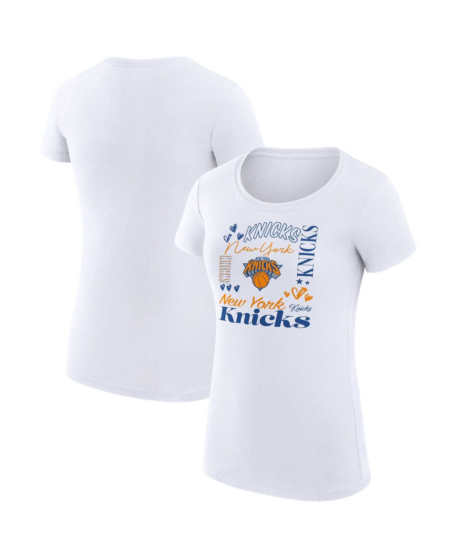Women's White New York Knicks Super-Slim Fit Lightweight Team Name Collage Graphic T-Shirt