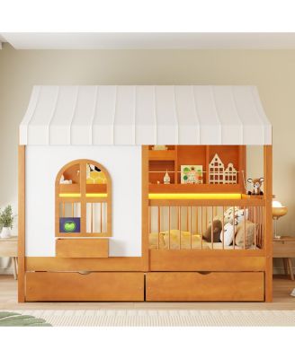  Twin Size House Bed with 2 Large Drawers, Side Bookshelf with LED Strip