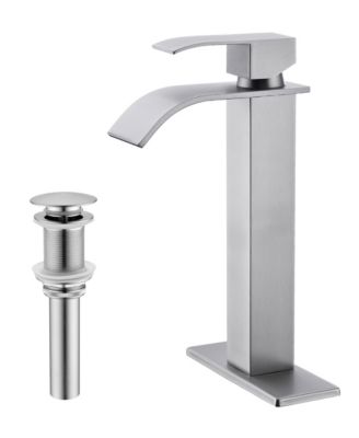 Single Handle Waterfall Bathroom Sink Faucet, Stainless Steel Vessel Faucet with Pop-Up Drain, No Overflow