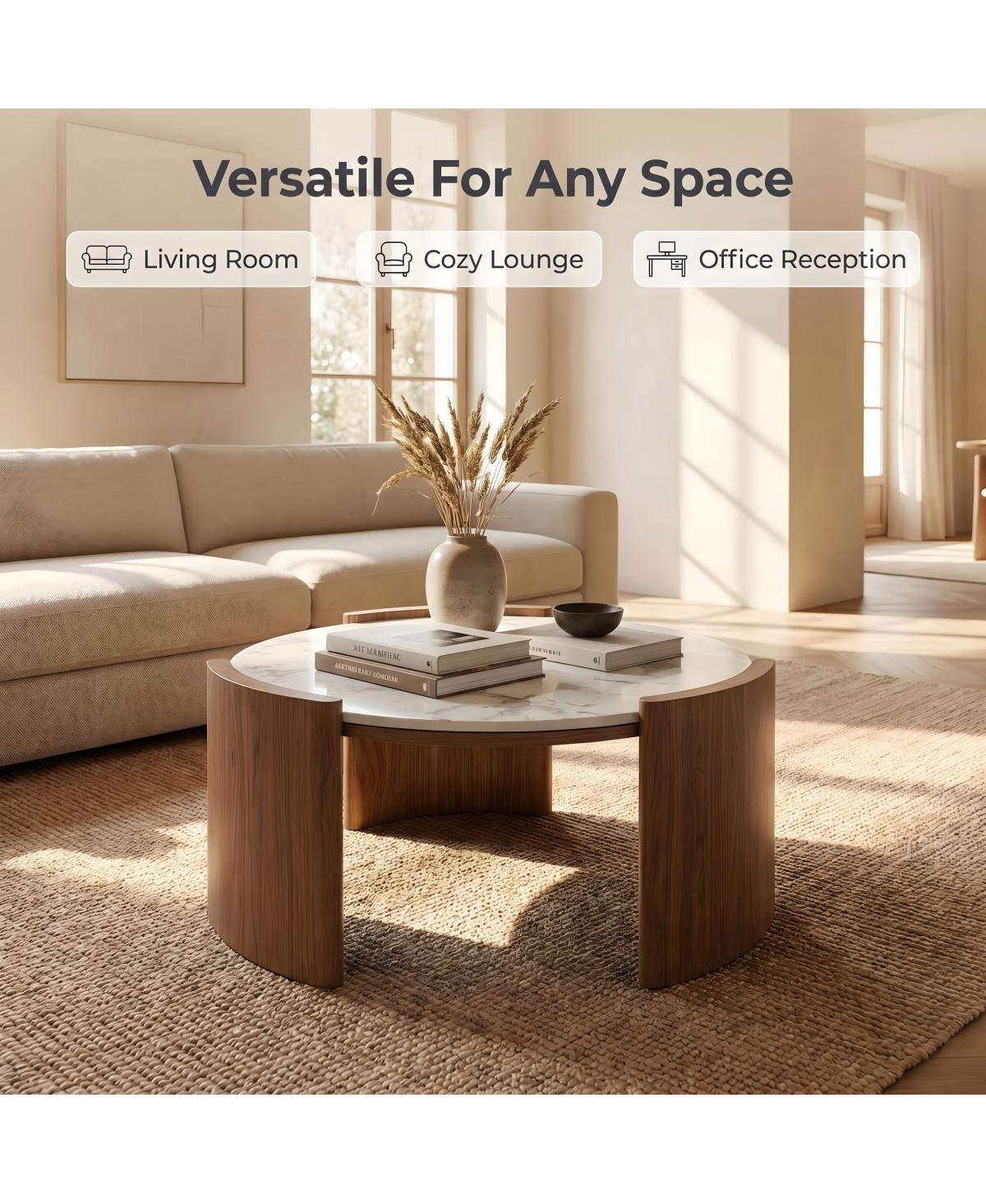 Streamdale Furniture Luxury Pandora Marble Sintered Stone Coffee Table with Walnut Legs