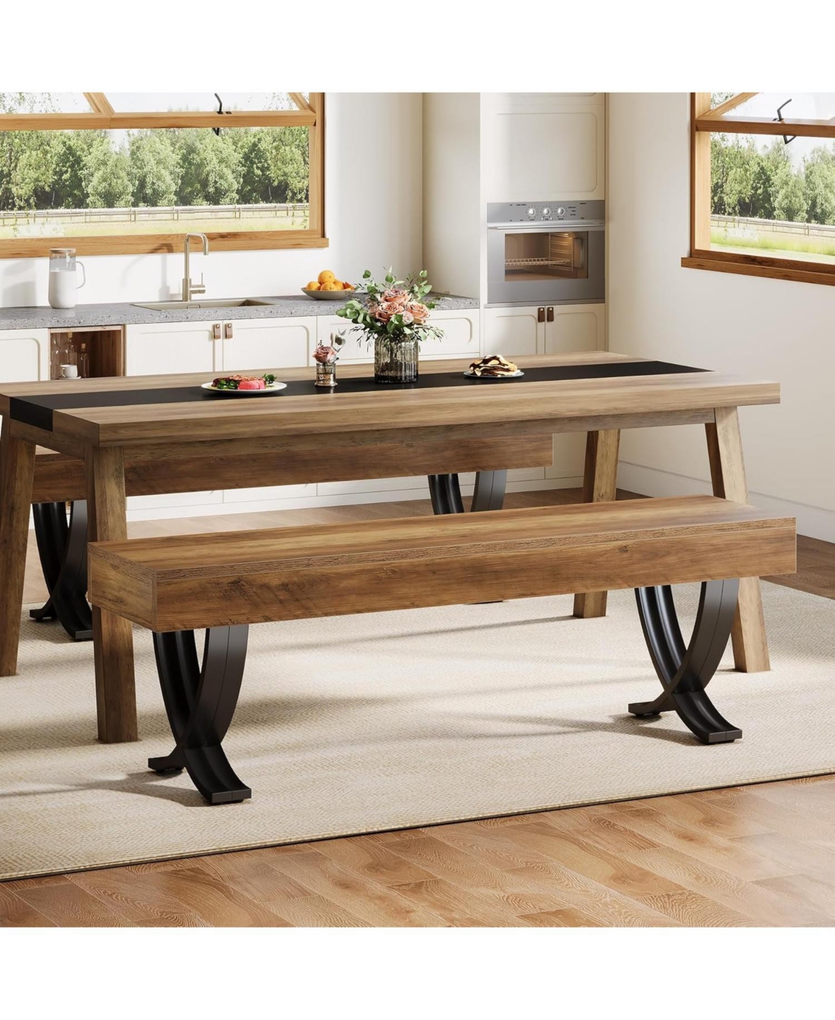 Tribesigns 55" Farmhouse Dining Bench:Wooden kitchen table seat with metal X-shaped legs.Long indoor bench for dining room,bedroom,entryway,mudroom
