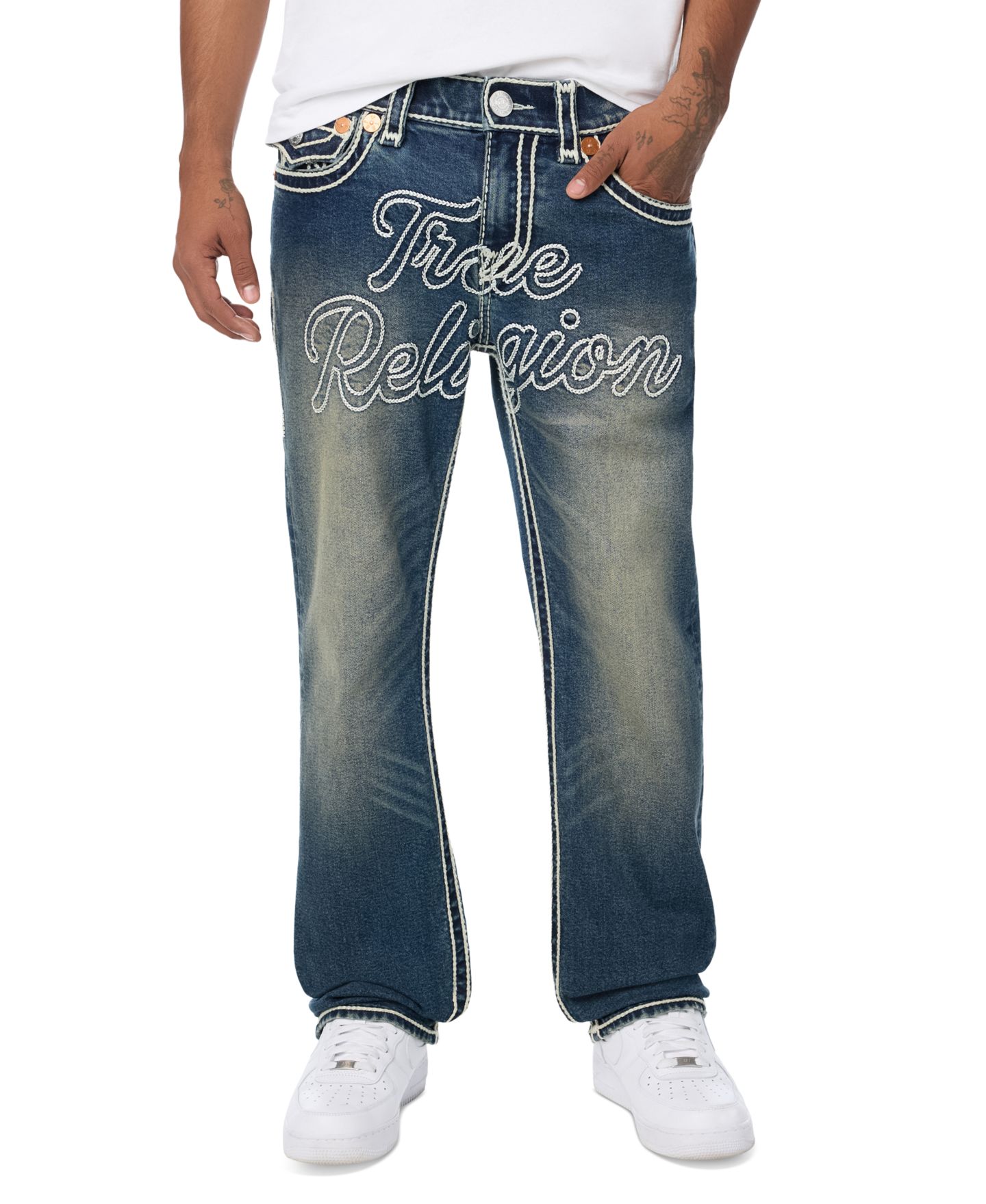 Мужские джинсы True Religion Ricky Rope Stitch Flap Straight, цвет: Джинсовая тёмная варка — фото 1