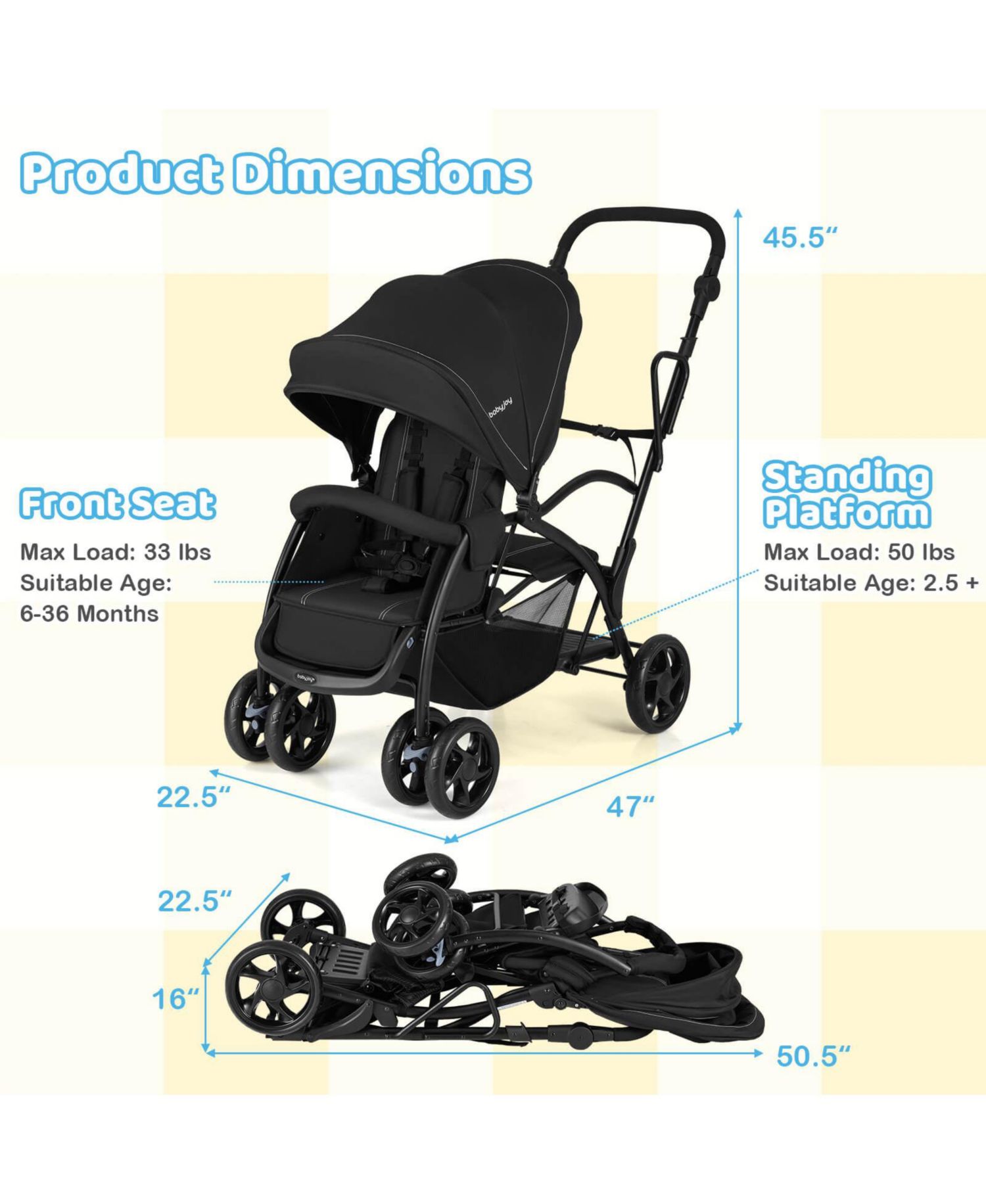 Sit and Stand Double Stroller with Adjustable Handle Bar Backrests Footrest Canopies