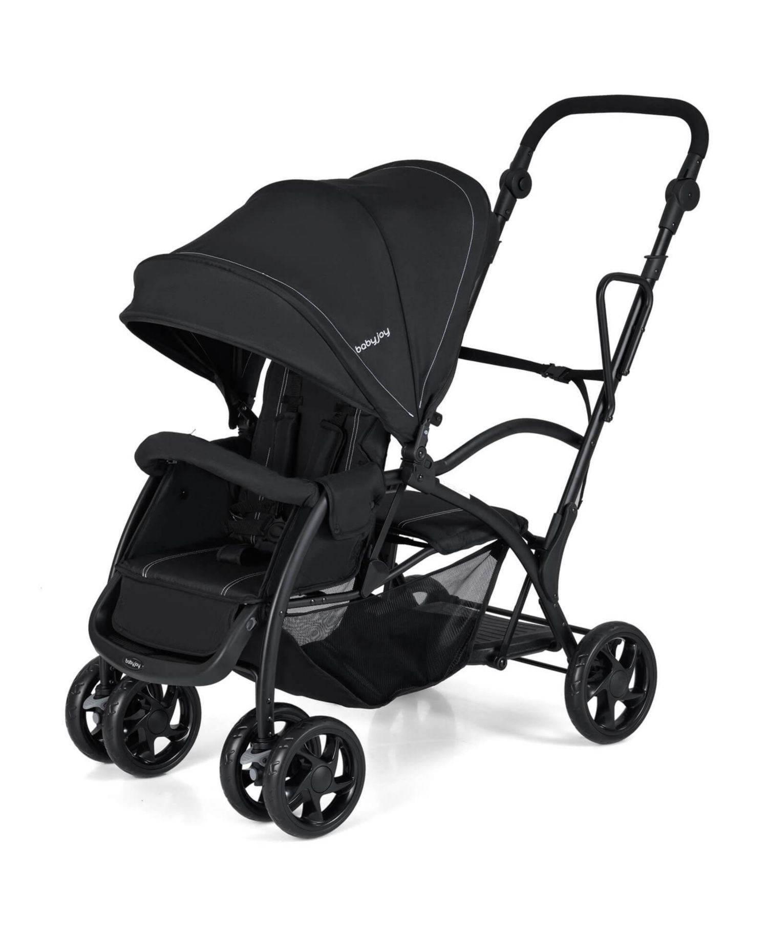 Sit and Stand Double Stroller with Adjustable Handle Bar Backrests Footrest Canopies