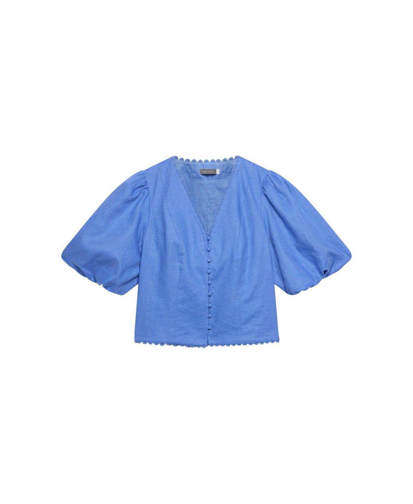 Женская блузка Mint Velvet V-Neck Short Puff-Sleeve Scalloped Edge, цвет: Синий — фото 4