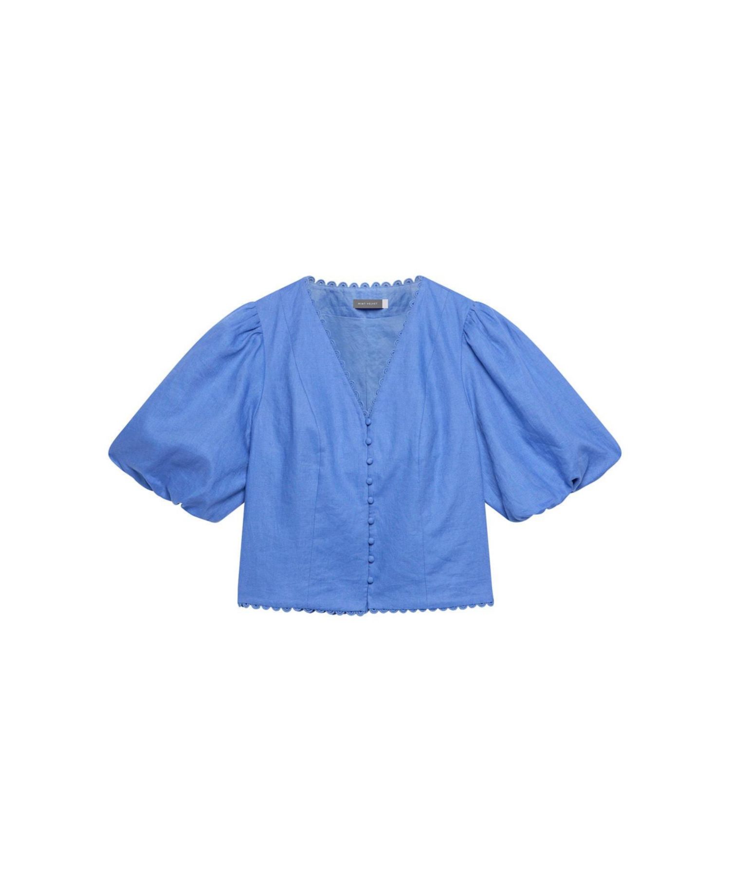 Women's V-Neck Short Puff-Sleeve Scalloped Edge Blouse