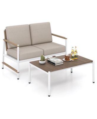 Patio Loveseat Sofa with Coffee Table Set with Thick Cushions