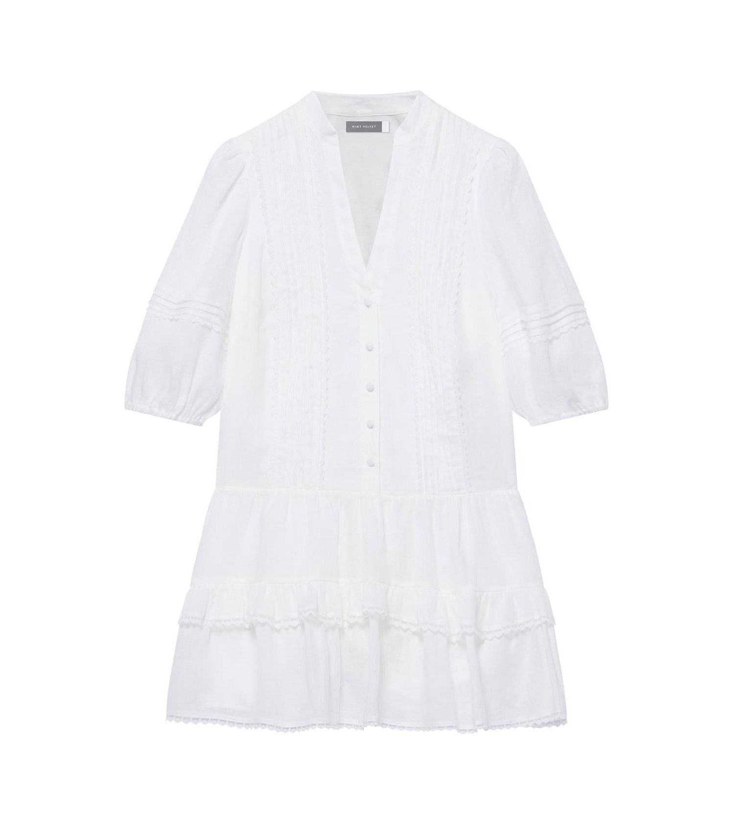 Women's Ruffle V-Neck Short-Sleeve Ramie Mini Dress
