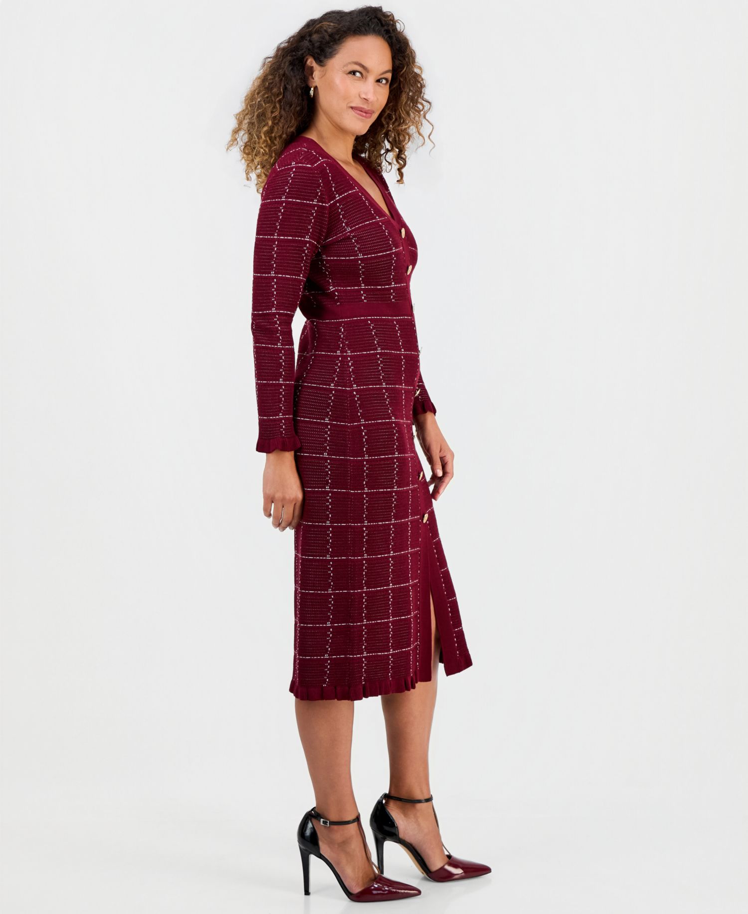 Petite Plaid-Print V-Neck Ruffle-Trim Sweater Midi Dress
