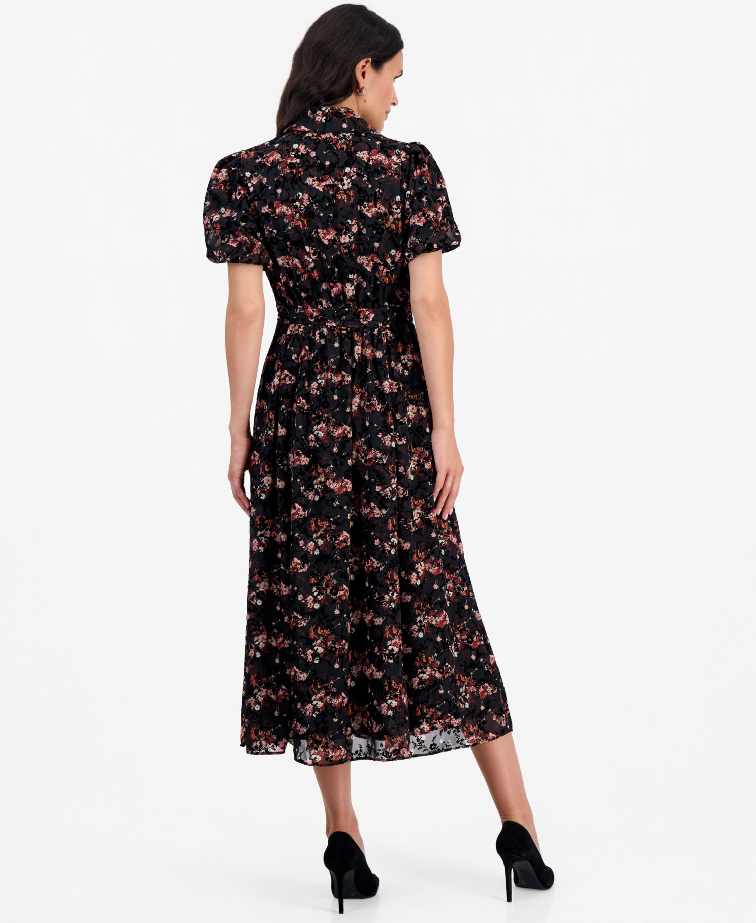 Petite Puff-Sleeve Floral Midi Shirt Dress