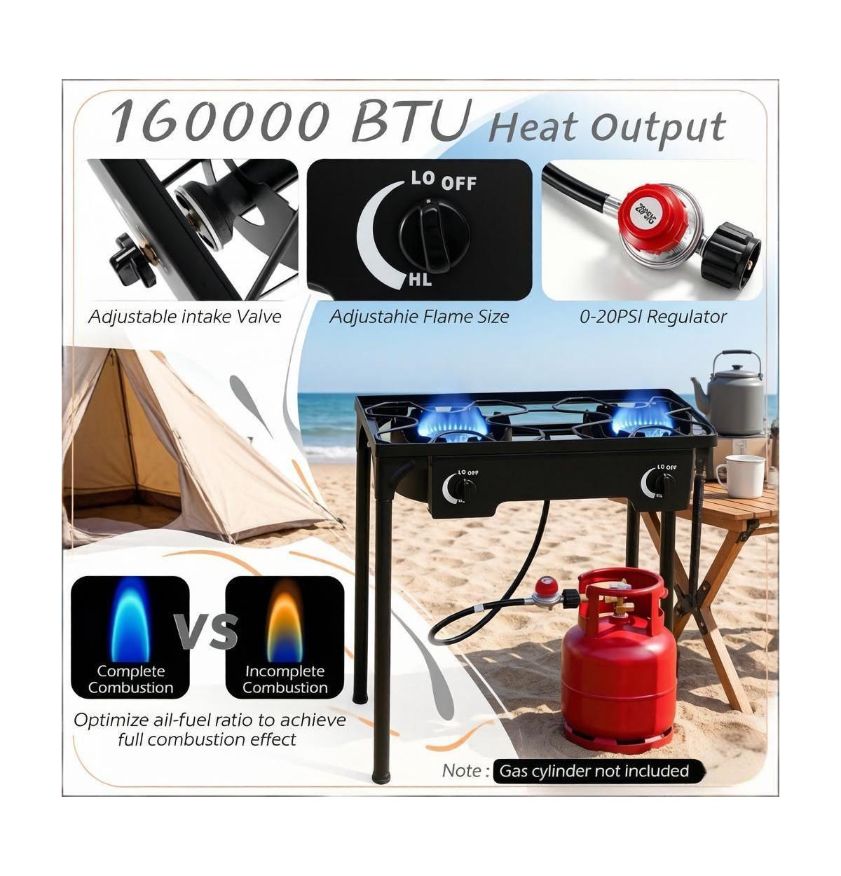 Mountaintop 2 Burner Propane Stove 160000 Btu Adjustable Regulator And Hose Camping Bbq Outdoor Cooking Equipment