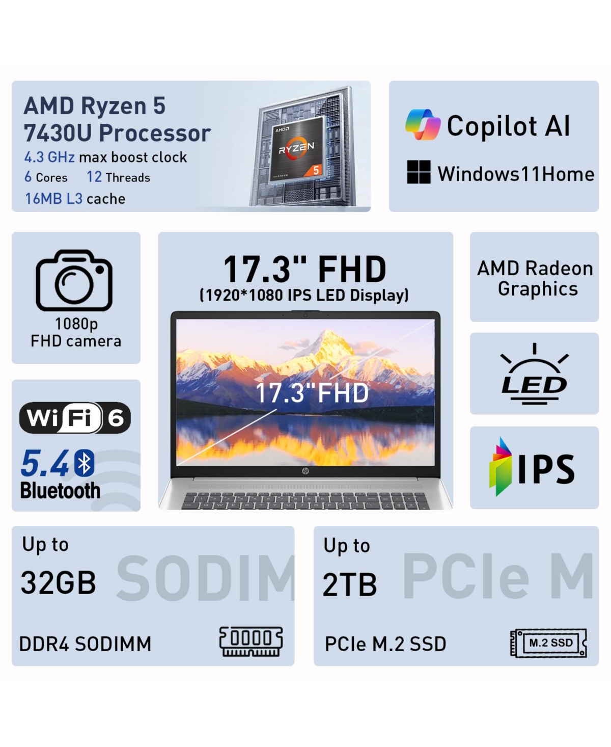 Hp Essential 17.3 inch Fhd Laptop, Amd Ryzen 5 7430U, Amd Radeon Graphics, 16GB Ram, 512GB Ssd, Wi-Fi 6, Win11 Home