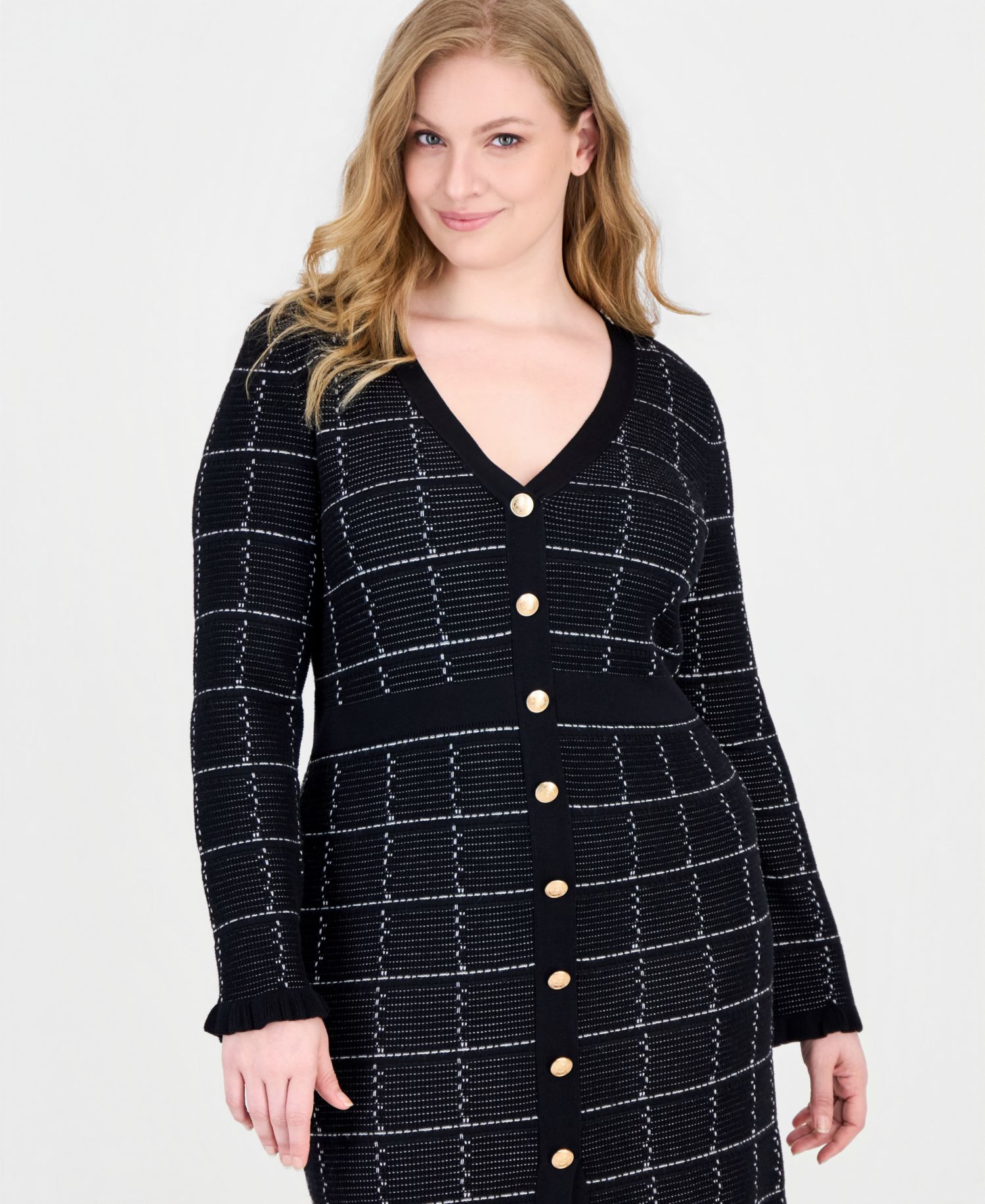 Plus Size Plaid Button-Front V-Neck Midi Sweater Dress