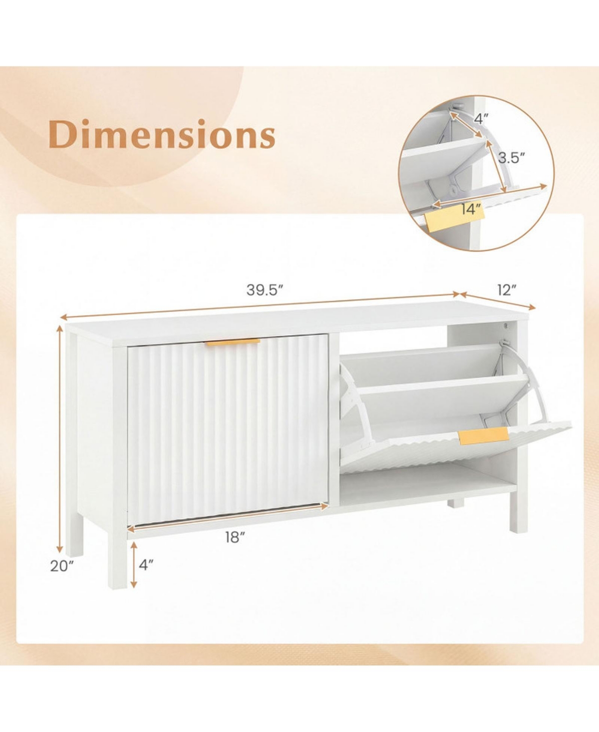 Sugift Fluted Entryway Shoe Bench with 2 Flip Drawers and Golden Handles