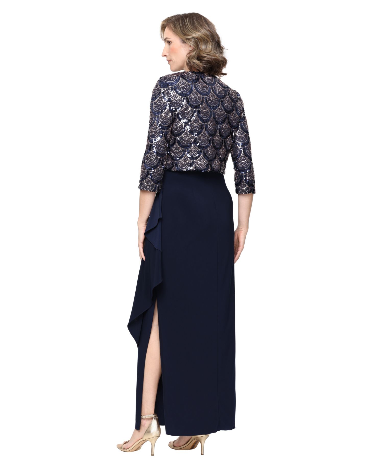 Petite Scoop Neck Empire Waist Sequin Bodice Dress and Bolero Jacket Set