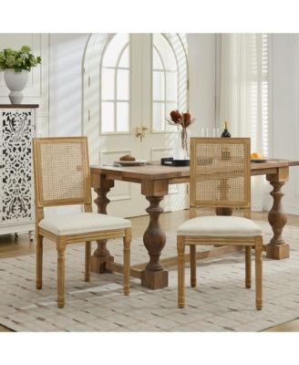 Set of 2 French Louis Square Rattan Back Carved Solid Wood Dining Chairs, Antique Finish 300 LBS Weight Limit