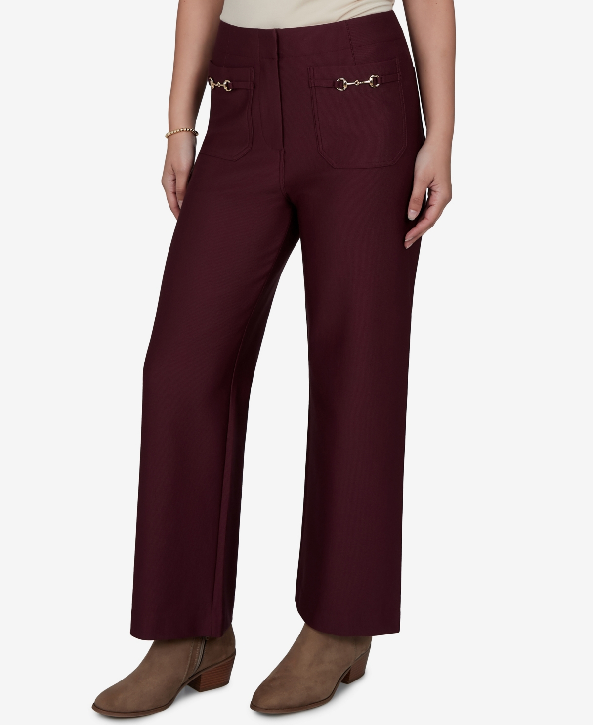 Ruby Rd. Petite Solid Pique Wide Leg Pull-on Pants In Burgundy