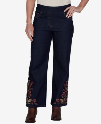 Petite Pull-On Wide-Leg Embroidered Denim Pants