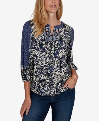 Petite Foliage Henley 3/4-Sleeve Floral-Print Blouse