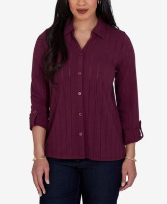Petite Striped 3/4-Sleeve Henley Collar Blouse