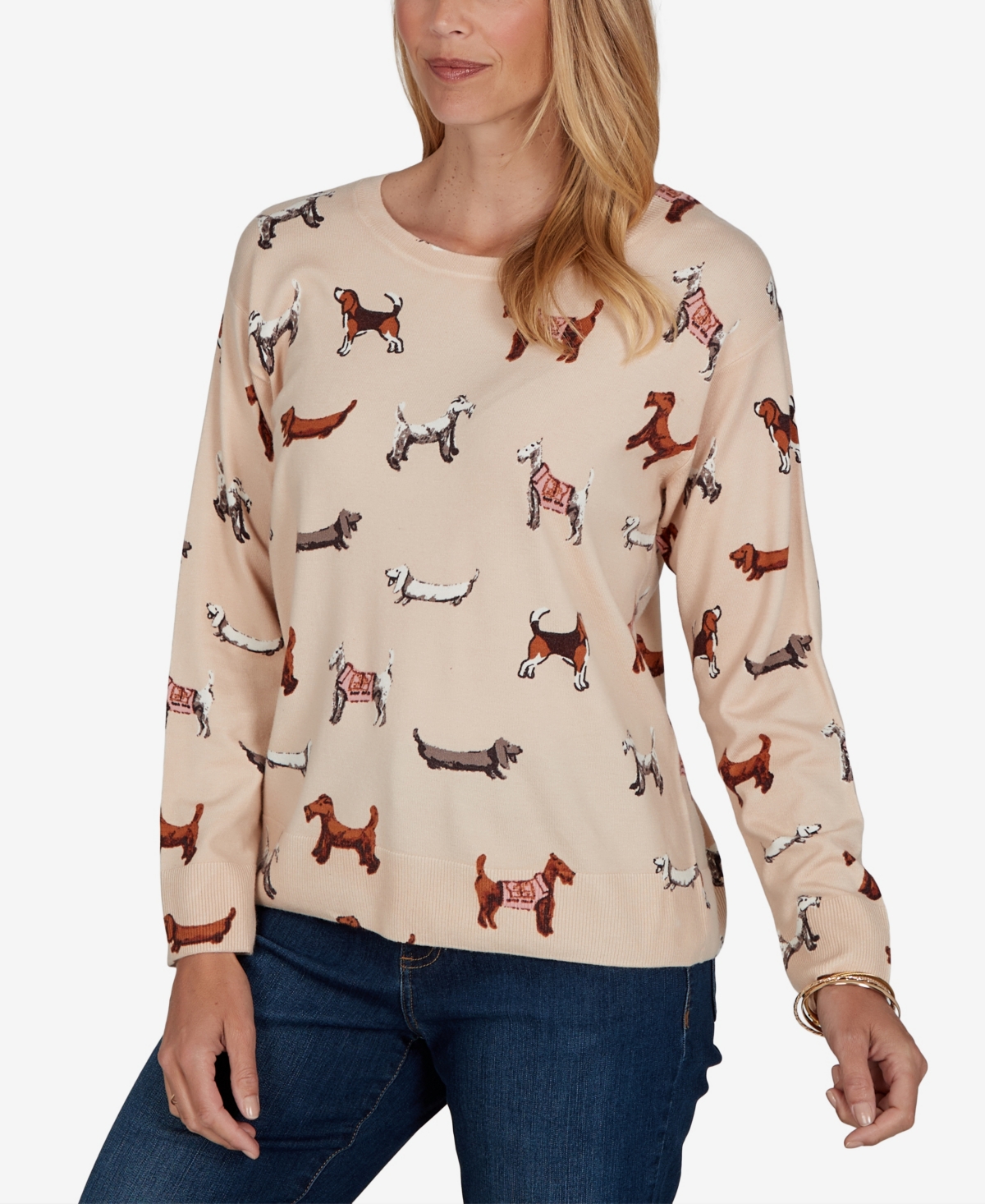 Ruby Rd. Women's Petite Dog-print Long-sleeve Pullover In Neutral