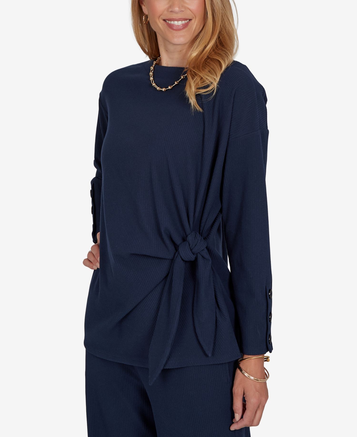 Petite Long-Sleeve Boat-Neck Side-Tie Top