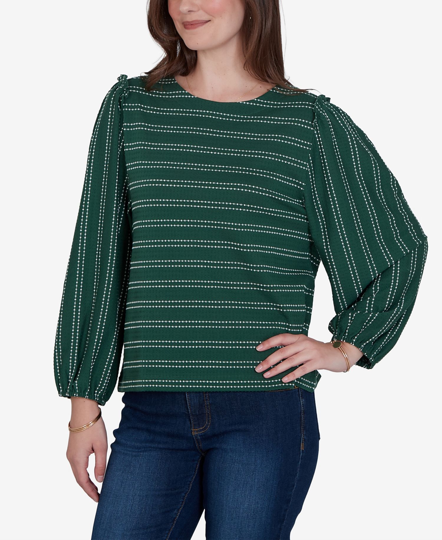 Petite Long-Sleeve Dobby-Stripe Crewneck Blouse
